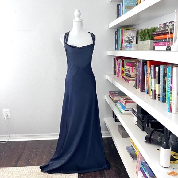 BCBG Deep Blue Draped Beaded A-line Formal Gown size 6 - Picture 1 of 16